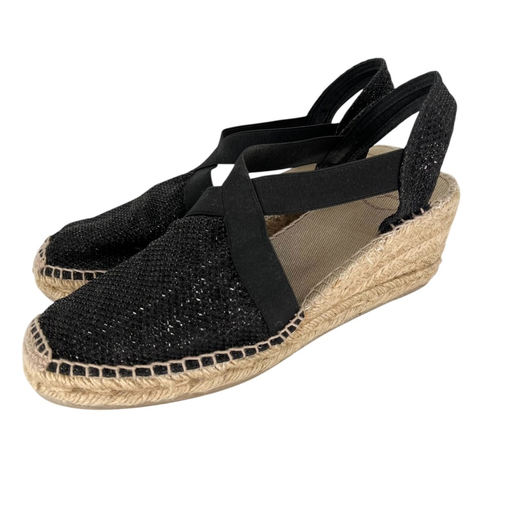 Black Espadrille Wedge Sandals with Elastic Cross Straps
